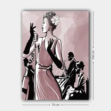 Canvastavla 70x100 cm - Elegant sångerska i fokus, omgiven av musiker som skapar en jazzig atmosfär - Mörk rosa / Svart / Vit - Inredning - Tavlor & posters - Canvastavla
