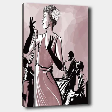 Canvastavla 70x100 cm - Elegant sångerska i fokus, omgiven av musiker som skapar en jazzig atmosfär - Mörk rosa / Svart / Vit - Inredning - Tavlor & posters - Canvastavla