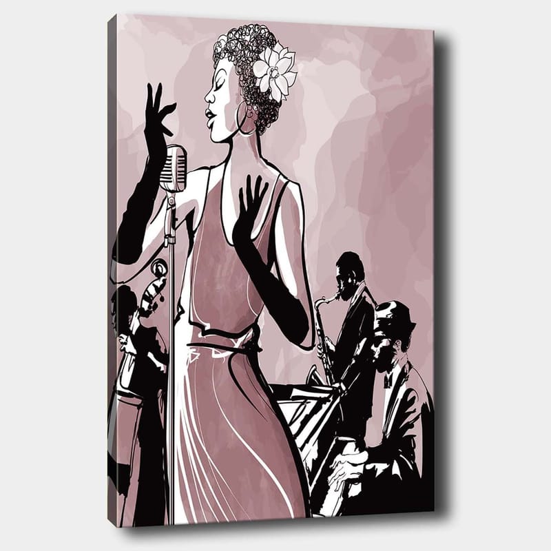 Canvastavla 70x100 cm - Elegant sångerska i fokus, omgiven av musiker som skapar en jazzig atmosfär, Mörk rosa / Svart / Vit