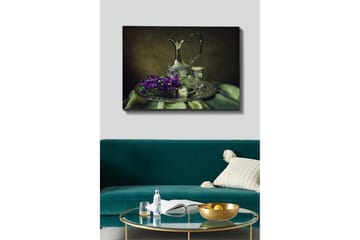 Canvastavla 70x100 cm - Elegant silverkanna med blommor på en dekorerad bricka - Silver / Lila / Grön - Inredning - Tavlor & posters - Canvastavla