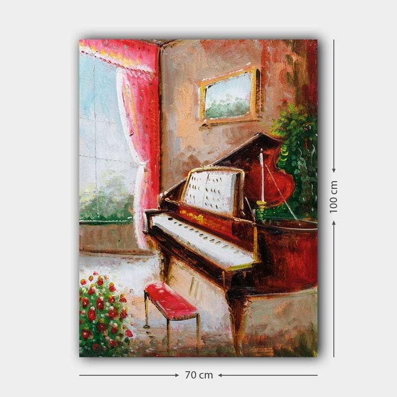 Canvastavla 70x100 cm - Elegant pianohörna med en röd piano och en bänk i en ljus och inbjudande miljö - Röd / Grön / Beige - Inredning - Tavlor & posters - Canvastavla