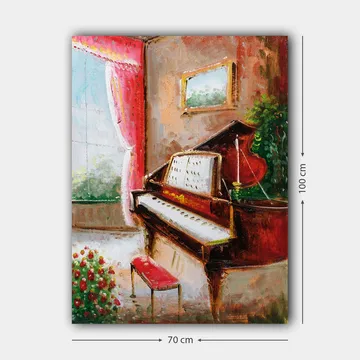 Canvastavla 70x100 cm - Elegant pianohörna med en röd piano och en bänk i en ljus och inbjudande miljö - Röd / Grön / Beige - Inredning - Tavlor & posters - Canvastavla