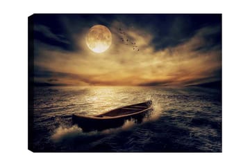 Canvastavla 70x100 cm - Ensam båt glider fram över en spegelblanka sjö under en stor, lysande måne - Mörkblå / Gyllene / Grå - Inredning - Tavlor & posters - Canvastavla