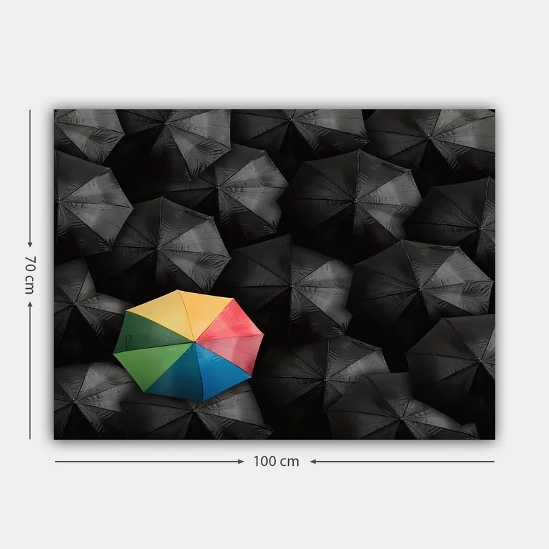 Canvastavla 70x100 cm - Ensam färgglad paraply bland en mängd svarta paraplyer - Svart / Gul / Röd - Inredning - Tavlor & posters - Canvastavla