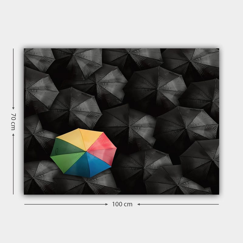 Canvastavla 70x100 cm - Ensam färgglad paraply bland en mängd svarta paraplyer - Svart / Gul / Röd - Inredning - Tavlor & posters - Canvastavla