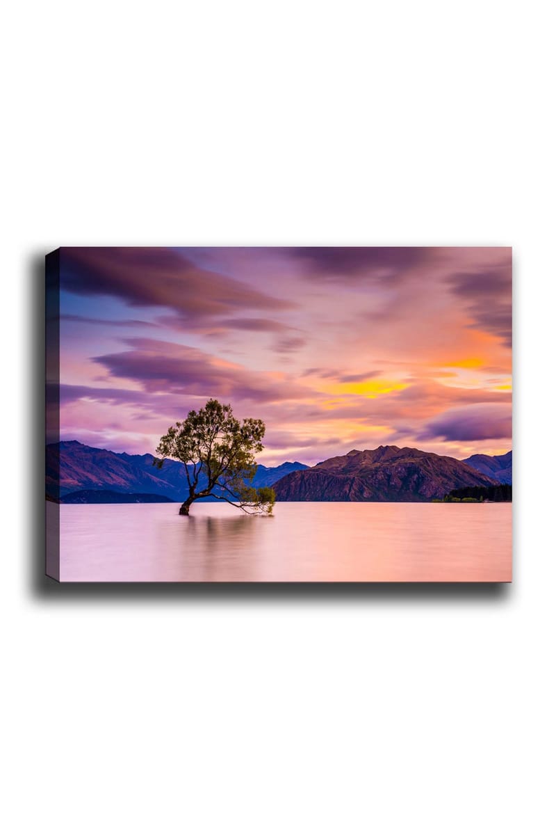 Canvastavla 70x100 cm - Ensam trädstam i en spegelblanka sjö med fjärran berg i bakgrunden under en färgsprakande himmel vid solnedgången, Lila / Grön / Orange