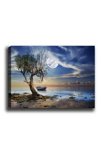 Canvastavla 70x100 cm - Enslig, död trädstam vid en stilla vattenyta med en båt i bakgrunden under en stjärnklar himmel - Blå / Grön / Beige - Inredning - Tavlor & posters - Canvastavla