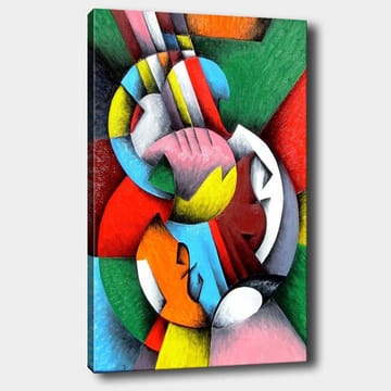 Canvastavla 70x100 cm - Ett abstrakt konstverk med en violin som huvudmotiv, omgiven av färgglada geometriska former - Röd / Grön / Blå - Inredning - Tavlor & posters - Canvastavla