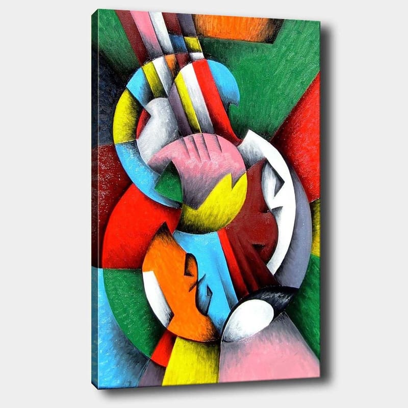Canvastavla 70x100 cm - Ett abstrakt konstverk med en violin som huvudmotiv, omgiven av färgglada geometriska former, Röd / Grön / Blå