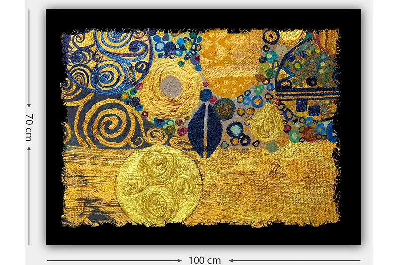 Canvastavla 70x100 cm - Ett abstrakt konstverk med gyllene cirklar och svarta spiraler som skapar en dynamisk komposition - Guld / Blå / Svart - Inredning - Tavlor & posters - Canvastavla