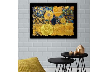 Canvastavla 70x100 cm - Ett abstrakt konstverk med gyllene cirklar och svarta spiraler som skapar en dynamisk komposition - Guld / Blå / Svart - Inredning - Tavlor & posters - Canvastavla