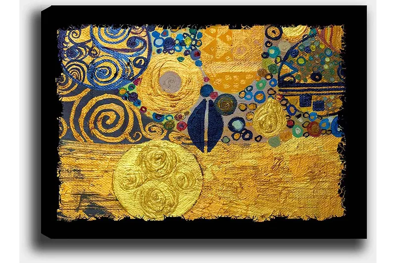 Canvastavla 70x100 cm - Ett abstrakt konstverk med gyllene cirklar och svarta spiraler som skapar en dynamisk komposition - Guld / Blå / Svart - Inredning - Tavlor & posters - Canvastavla