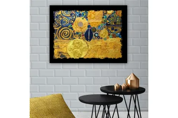 Canvastavla 70x100 cm - Ett abstrakt konstverk med gyllene cirklar och svarta spiraler som skapar en dynamisk komposition - Guld / Blå / Svart - Inredning - Tavlor & posters - Canvastavla