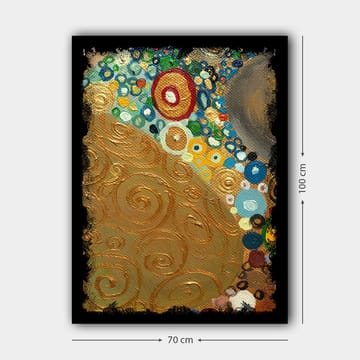 Canvastavla 70x100 cm - Ett abstrakt konstverk med gyllene spiraler och färgglada cirklar - Guld / Blå / Grön - Inredning - Tavlor & posters - Canvastavla