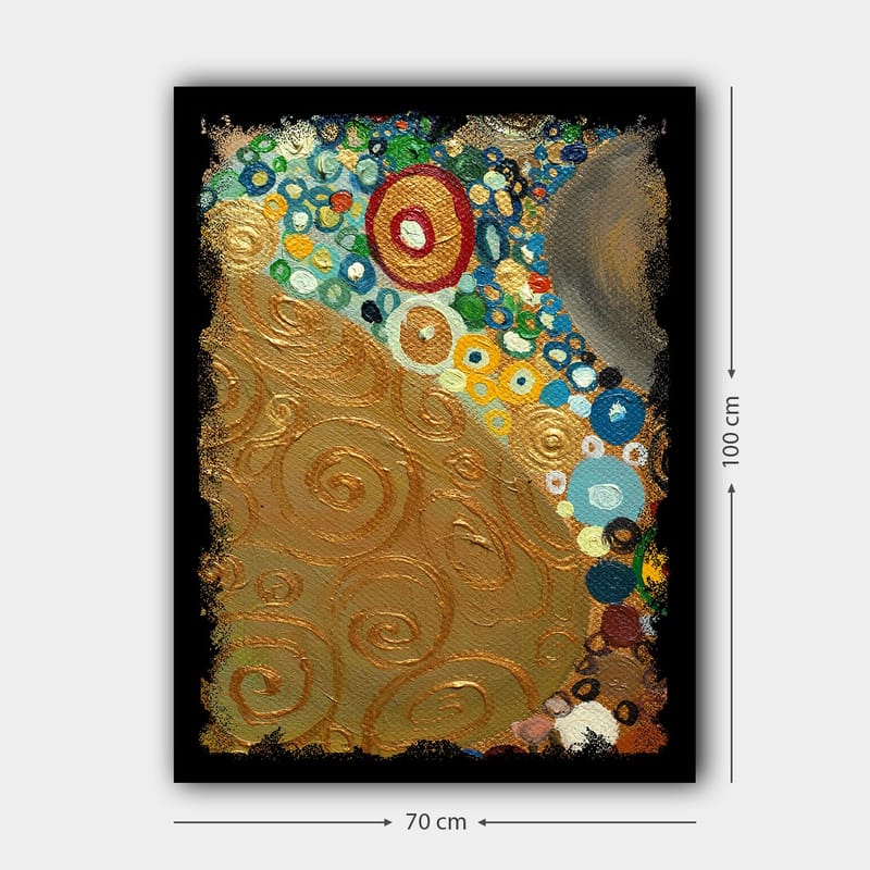 Canvastavla 70x100 cm - Ett abstrakt konstverk med gyllene spiraler och färgglada cirklar - Guld / Blå / Grön - Inredning - Tavlor & posters - Canvastavla