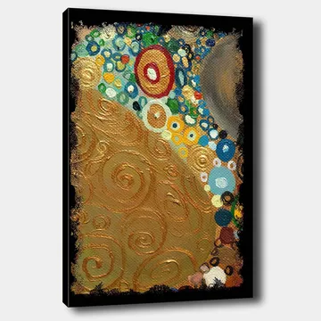 Canvastavla 70x100 cm - Ett abstrakt konstverk med gyllene spiraler och färgglada cirklar - Guld / Blå / Grön - Inredning - Tavlor & posters - Canvastavla