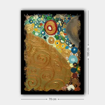 Canvastavla 70x100 cm - Ett abstrakt konstverk med gyllene spiraler och färgglada cirklar - Guld / Blå / Grön - Inredning - Tavlor & posters - Canvastavla