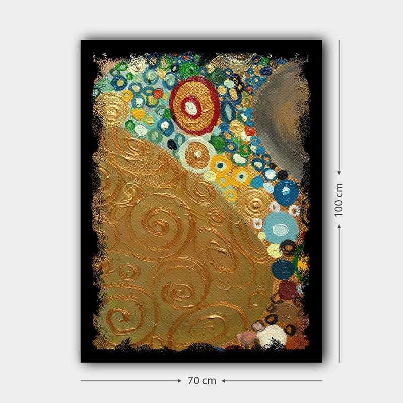 Canvastavla 70x100 cm - Ett abstrakt konstverk med gyllene spiraler och färgglada cirklar - Guld / Blå / Grön - Inredning - Tavlor & posters - Canvastavla