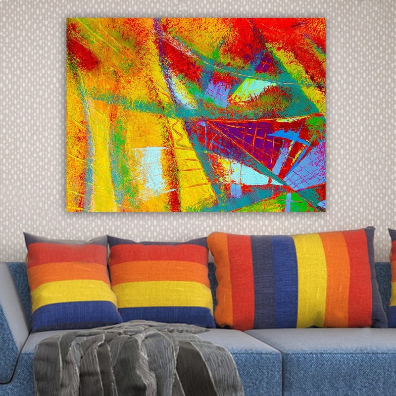 Canvastavla 70x100 cm - Ett abstrakt konstverk med livfulla färger och dynamiska former som skapar en känsla av rörelse - Röd / Gul / Blå - Inredning - Tavlor & posters - Canvastavla