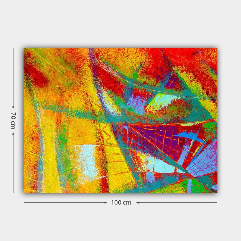 Canvastavla 70x100 cm - Ett abstrakt konstverk med livfulla färger och dynamiska former som skapar en känsla av rörelse - Röd / Gul / Blå - Inredning - Tavlor & posters - Canvastavla