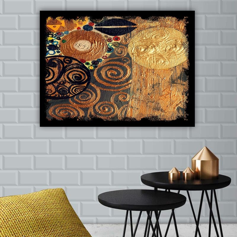 Canvastavla 70x100 cm - Ett abstrakt konstverk med spiraler och cirklar i guld och mörka nyanser - Guld / Svart / Brunt - Inredning - Tavlor & posters - Canvastavla