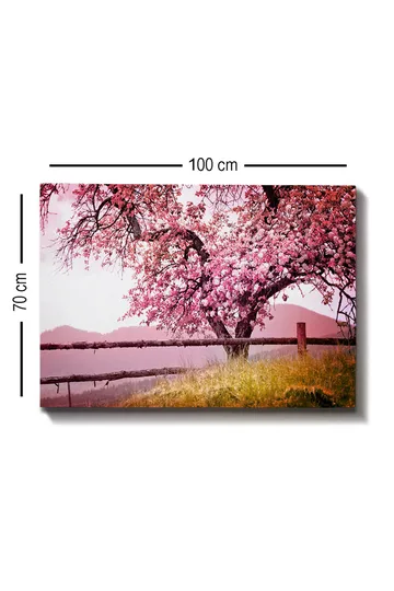 Canvastavla 70x100 cm - Ett blommande körsbärsträd i en idyllisk landskapsmiljö - Rosa / Grön / Brun - Inredning - Tavlor & posters - Canvastavla