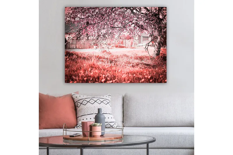 Canvastavla 70x100 cm - Ett blommande körsbärsträd i en romantisk och drömlik miljö - Rosa / Grå - Inredning - Tavlor & posters - Canvastavla