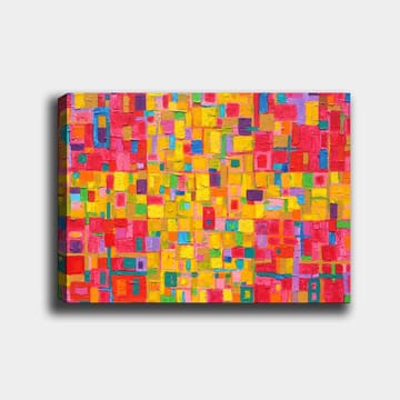 Canvastavla 70x100 cm - Ett färgglatt abstrakt mönster med kvadratiska former som skapar en livlig och energisk känsla - Röd / Gul / Grön - Inredning - Tavlor & posters - Canvastavla