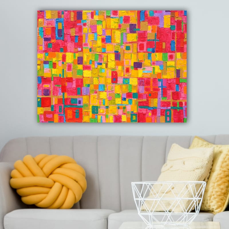 Canvastavla 70x100 cm - Ett färgglatt abstrakt mönster med kvadratiska former som skapar en livlig och energisk känsla - Röd / Gul / Grön - Inredning - Tavlor & posters - Canvastavla