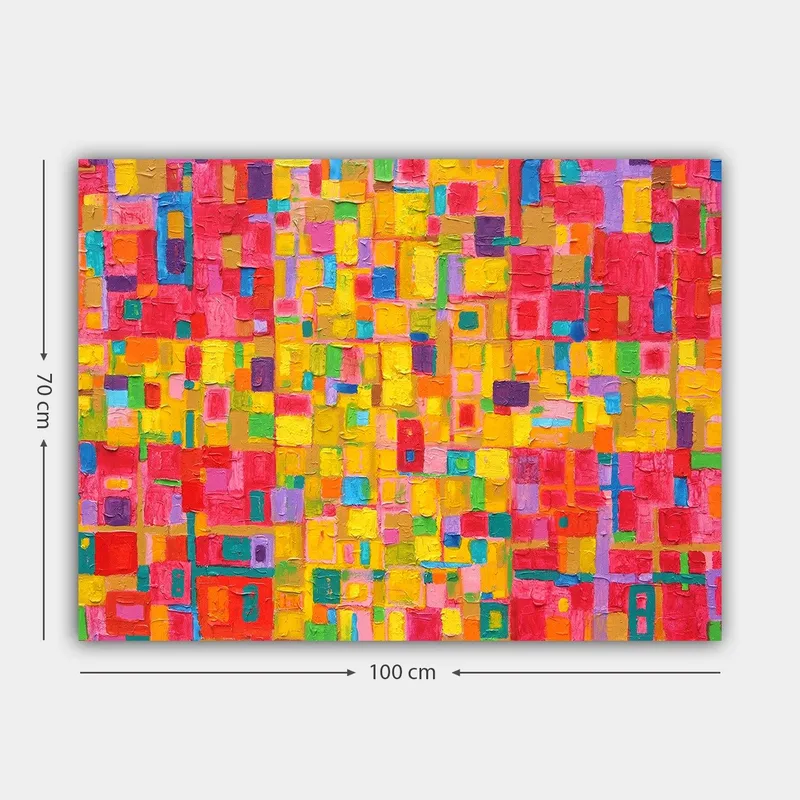 Canvastavla 70x100 cm - Ett färgglatt abstrakt mönster med kvadratiska former som skapar en livlig och energisk känsla - Röd / Gul / Grön - Inredning - Tavlor & posters - Canvastavla