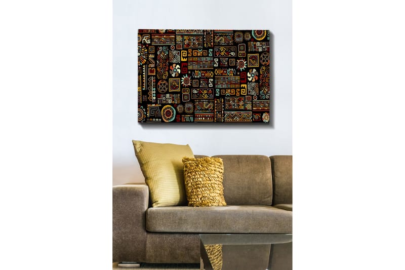 Canvastavla 70x100 cm - Ett färgglatt geometriskt mönster med symboliska inslag, Svart / Röd / Gul