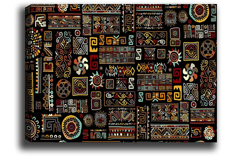 Canvastavla 70x100 cm - Ett färgglatt geometriskt mönster med symboliska inslag - Svart / Röd / Gul - Inredning - Tavlor & posters - Canvastavla