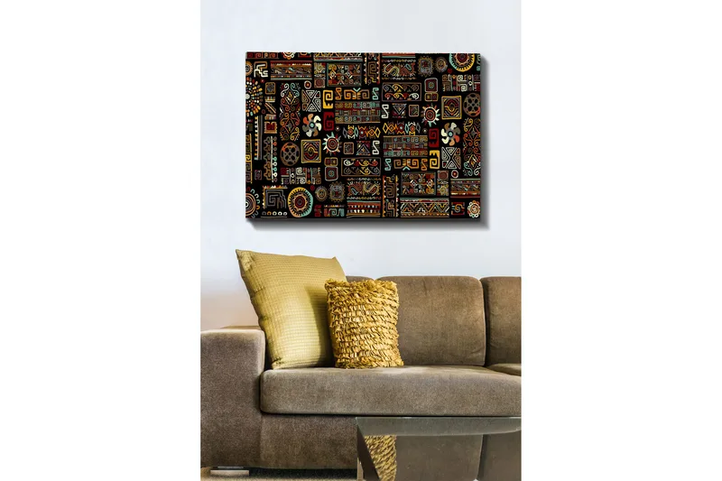 Canvastavla 70x100 cm - Ett färgglatt geometriskt mönster med symboliska inslag - Svart / Röd / Gul - Inredning - Tavlor & posters - Canvastavla