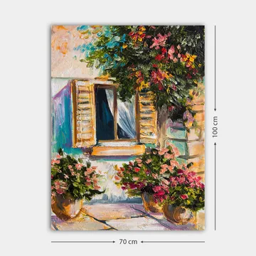 Canvastavla 70x100 cm - Ett fönster med öppna persienner omgiven av blommor i krukor - Grön / Rosa / Beige - Inredning - Tavlor & posters - Canvastavla