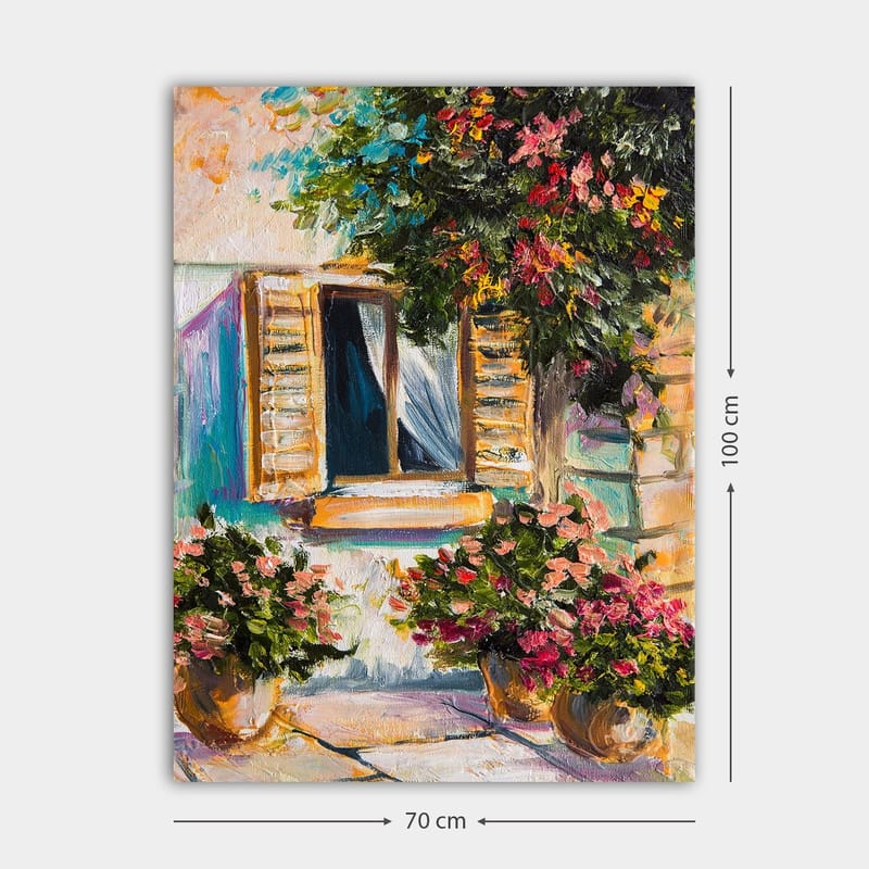 Canvastavla 70x100 cm - Ett fönster med öppna persienner omgiven av blommor i krukor - Grön / Rosa / Beige - Inredning - Tavlor & posters - Canvastavla