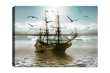 Canvastavla 70x100 cm - Ett gammalt segelfartyg som navigerar genom stilla vatten under en ljus himmel - Blå / Grå / Brun - Inredning - Tavlor & posters - Canvastavla