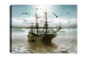 Canvastavla 70x100 cm - Ett gammalt segelfartyg som navigerar genom stilla vatten under en ljus himmel - Blå / Grå / Brun - Inredning - Tavlor & posters - Canvastavla