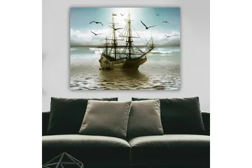 Canvastavla 70x100 cm - Ett gammalt segelfartyg som navigerar genom stilla vatten under en ljus himmel - Blå / Grå / Brun - Inredning - Tavlor & posters - Canvastavla