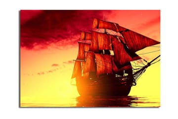 Canvastavla 70x100 cm - Ett majestätiskt segelfartyg med röda segel som navigerar genom en gyllene solnedgång - Röd / Orange / Gul - Inredning - Tavlor & posters - Canvastavla