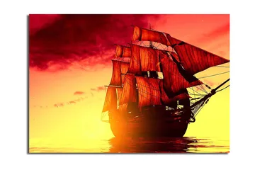Canvastavla 70x100 cm - Ett majestätiskt segelfartyg med röda segel som navigerar genom en gyllene solnedgång - Röd / Orange / Gul - Inredning - Tavlor & posters - Canvastavla