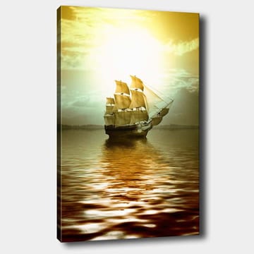 Canvastavla 70x100 cm - Ett majestätiskt segelfartyg som glider fram över en spegelblanka yta i ett gyllene ljus - Guld / Brunt / Beige - Inredning - Tavlor & posters - Canvastavla