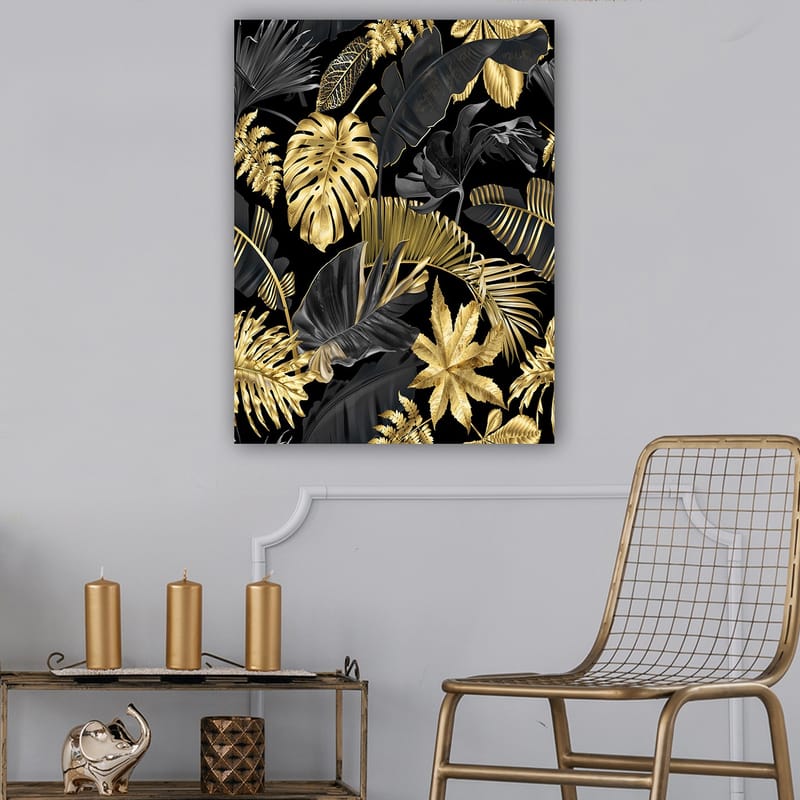 Canvastavla 70x100 cm - Ett stiliserat mönster av tropiska växter i guld och svart - Guld / Svart / Mörkgrön - Inredning - Tavlor & posters - Canvastavla