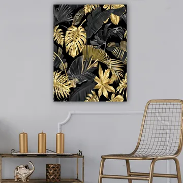 Canvastavla 70x100 cm - Ett stiliserat mönster av tropiska växter i guld och svart - Guld / Svart / Mörkgrön - Inredning - Tavlor & posters - Canvastavla