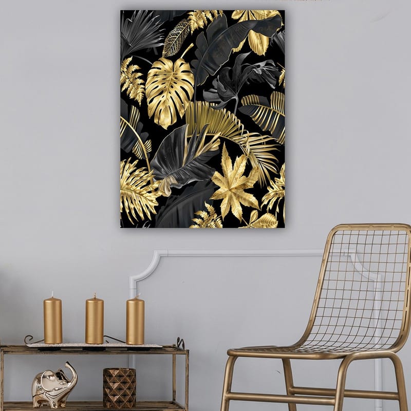 Canvastavla 70x100 cm - Ett stiliserat mönster av tropiska växter i guld och svart - Guld / Svart / Mörkgrön - Inredning - Tavlor & posters - Canvastavla