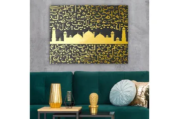 Canvastavla 70x100 cm - Ett stiliserat moskémotiv med arabisk skrift i guld mot en svart bakgrund - Guld / Svart - Inredning - Tavlor & posters - Canvastavla