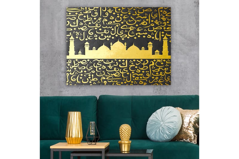 Canvastavla 70x100 cm - Ett stiliserat moskémotiv med arabisk skrift i guld mot en svart bakgrund - Guld / Svart - Inredning - Tavlor & posters - Canvastavla