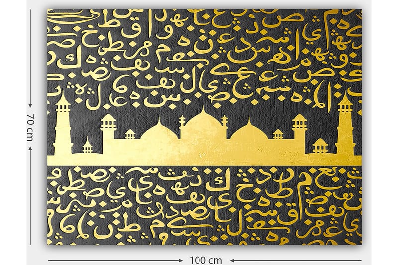 Canvastavla 70x100 cm - Ett stiliserat moskémotiv med arabisk skrift i guld mot en svart bakgrund - Guld / Svart - Inredning - Tavlor & posters - Canvastavla