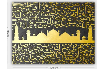 Canvastavla 70x100 cm - Ett stiliserat moskémotiv med arabisk skrift i guld mot en svart bakgrund - Guld / Svart - Inredning - Tavlor & posters - Canvastavla