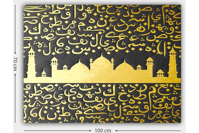 Canvastavla 70x100 cm - Ett stiliserat moskémotiv med arabisk skrift i guld mot en svart bakgrund - Guld / Svart - Inredning - Tavlor & posters - Canvastavla