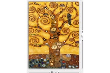 Canvastavla 70x100 cm - Ett stiliserat träd med snurriga grenar och en fågel, mot en gyllene bakgrund - Guld / Brun / Svart - Inredning - Tavlor & posters - Canvastavla